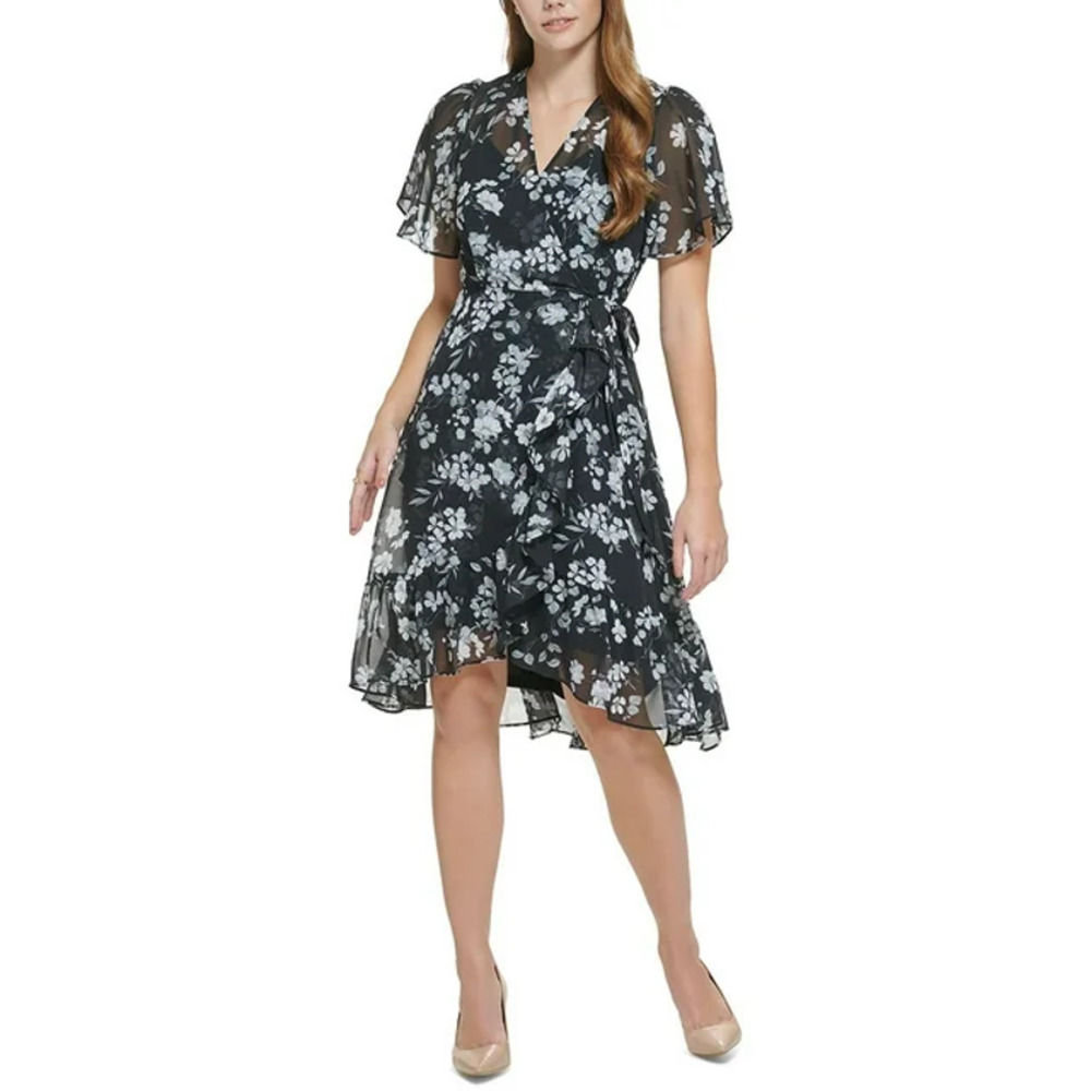 Calvin Klein Womens Chiffon Floral Print Fit & Flare Dress | Blk | 10 - Picture 1 of 2